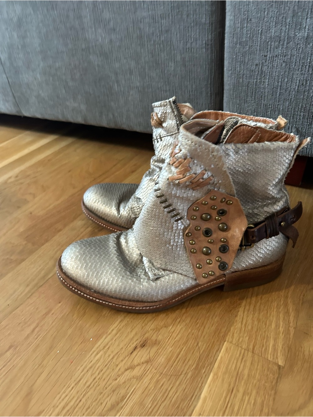 A.S.98 Metallic Silver Textured Ankle Boots with Brown Studded Strap